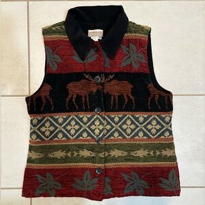Coldwater Creek Tapestry Cabin Vest Vintage Moose Rustic Velvet Collar Medium